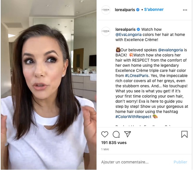 Post instagram de loréal paris contenant une vidée filmée par éva longoria alors qu'elle se colore elle-même les cheveux.